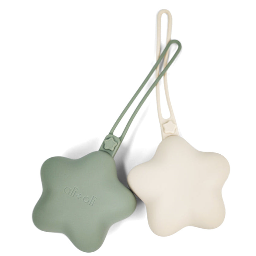 Ali+Oli Silicone Star Pacifier Holder Case 2-pack (Sage & Sand)