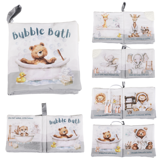 Baby book with teddy bear illustrations and text on a white background