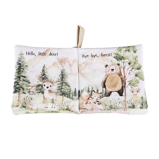 Two pouches with forest-themed illustrations of a deer, bear, and fox on a white background.