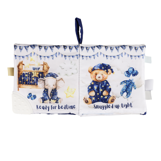 Children's soft book with teddy bear and elephant illustrations on a white background