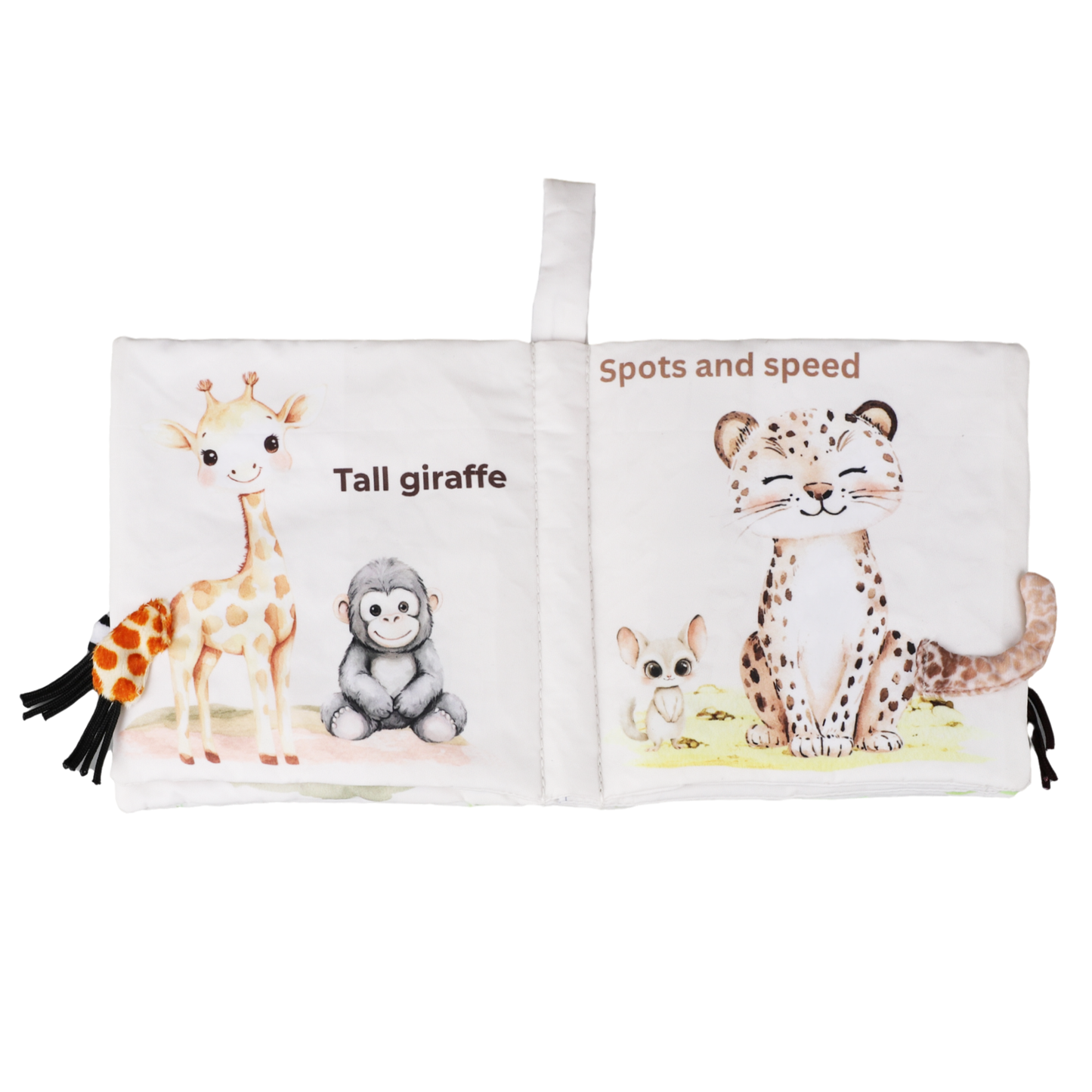 Children's book with illustrations of a giraffe, monkey, and cheetah on a white background