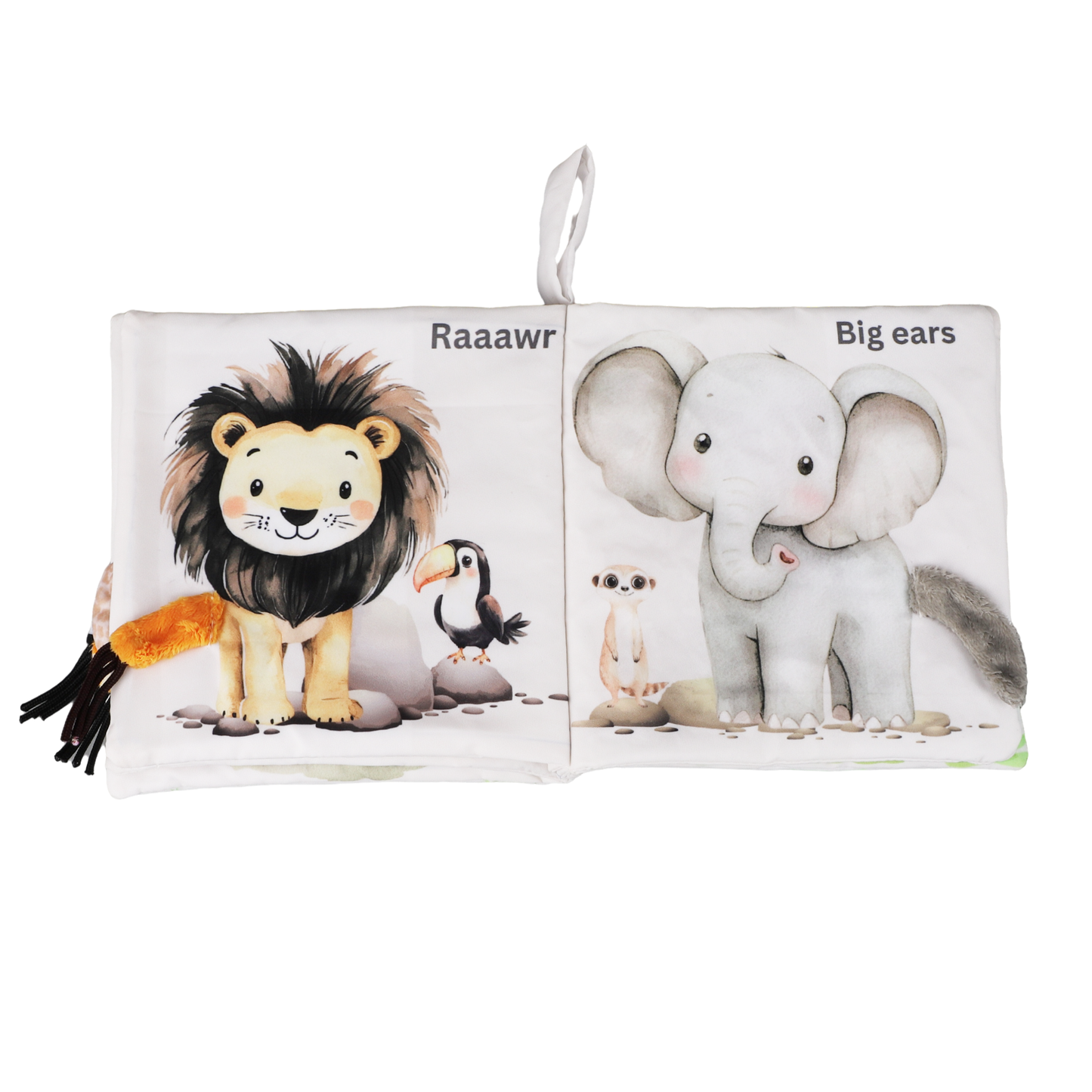 Children's soft book with lion and elephant illustrations on a white background
