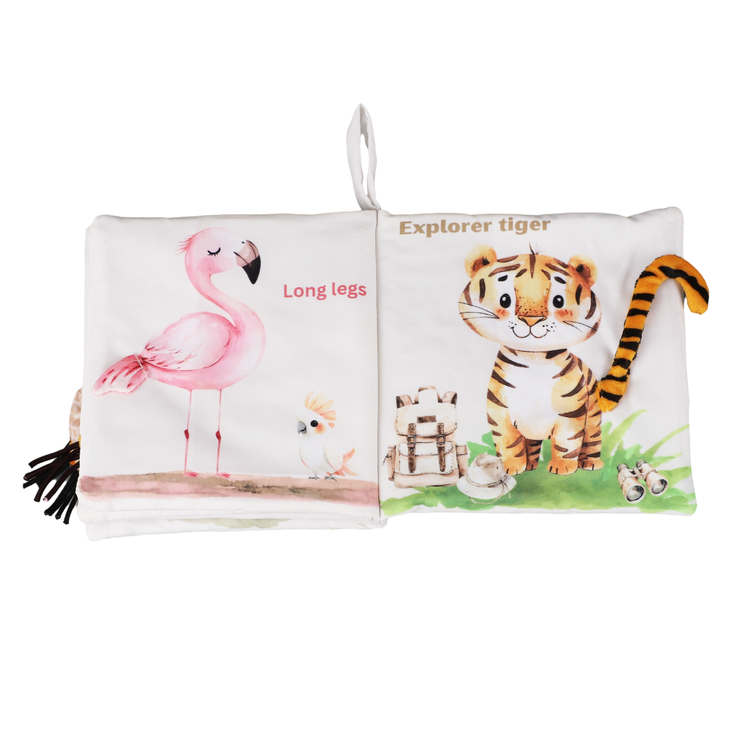 Children's soft book with illustrations of a flamingo and a tiger on white background