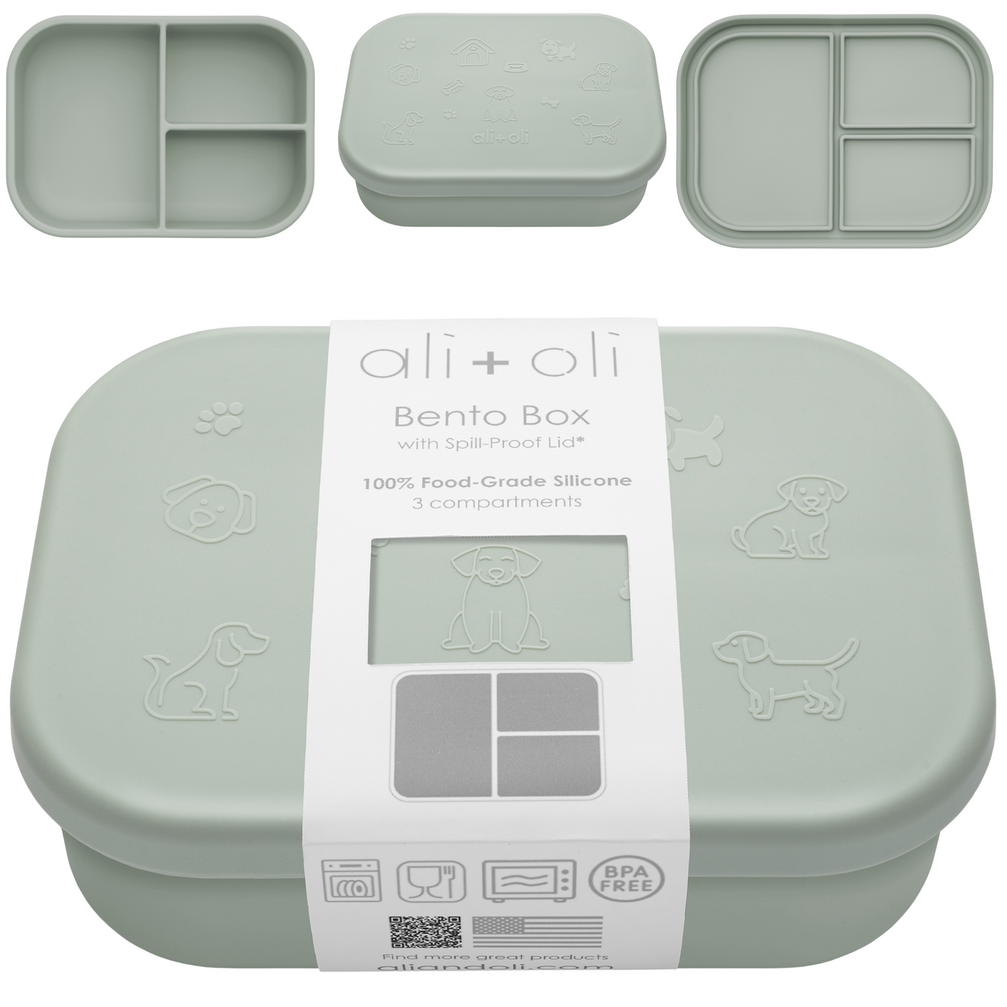 Ali+Oli Reusable Silicone Bento Box - 3 Compartments - Spill-Proof (Puppy)