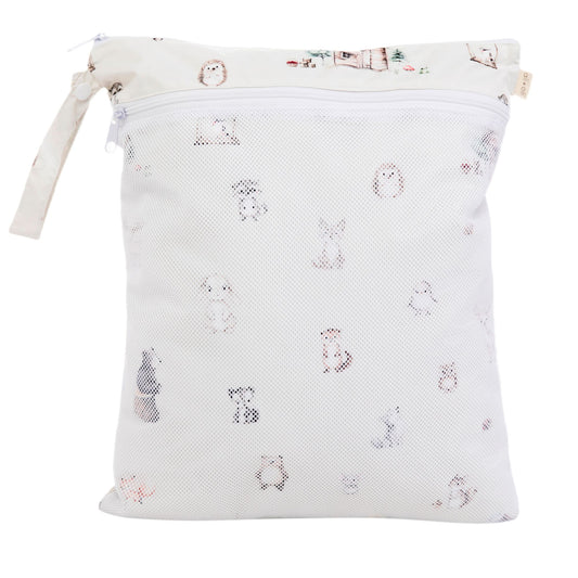 White drawstring bag with animal pattern on a white background