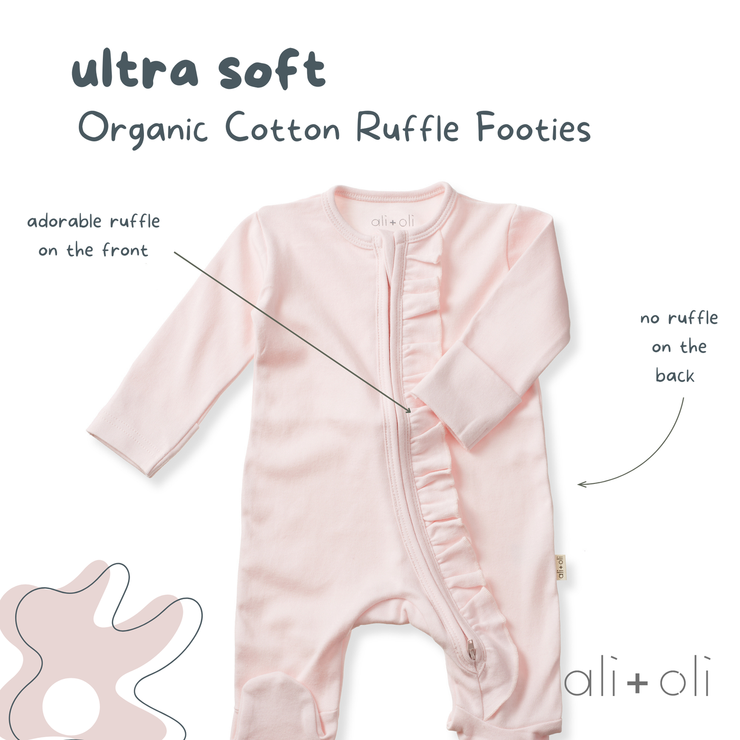 Organic Cotton Baby Ruffle Footie with 2-way Zipper (Blush)
