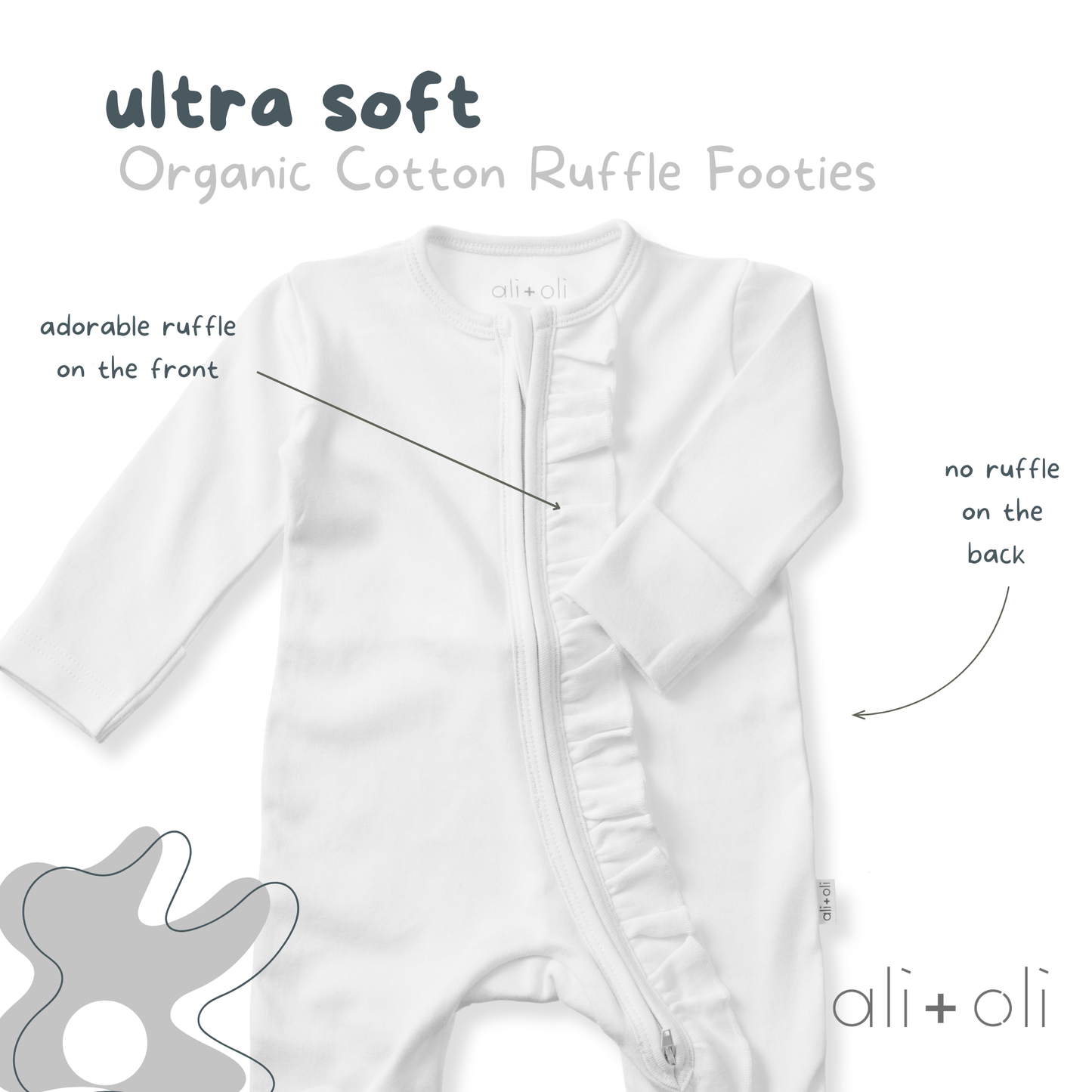 Organic Cotton Baby Ruffle Footie with 2-way Zipper (White)