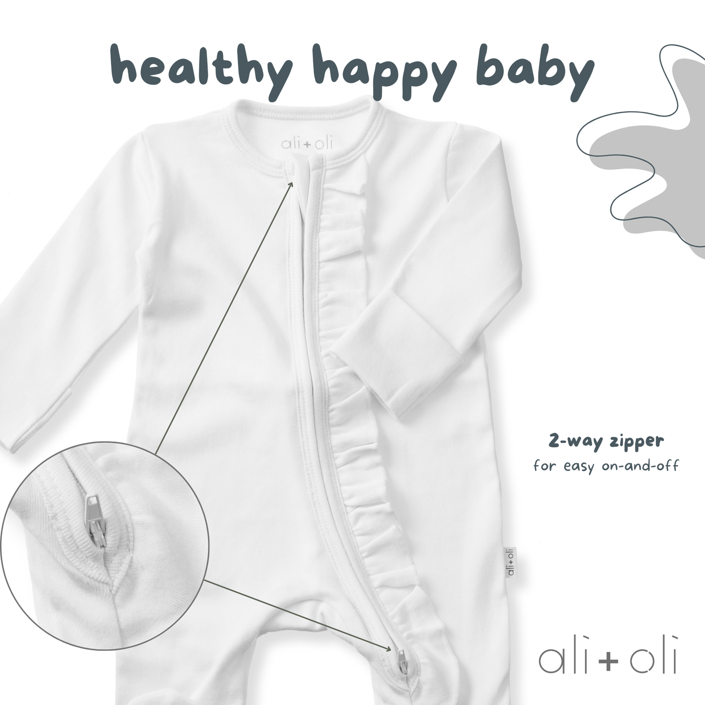 Organic Cotton Baby Ruffle Footie with 2-way Zipper (White)