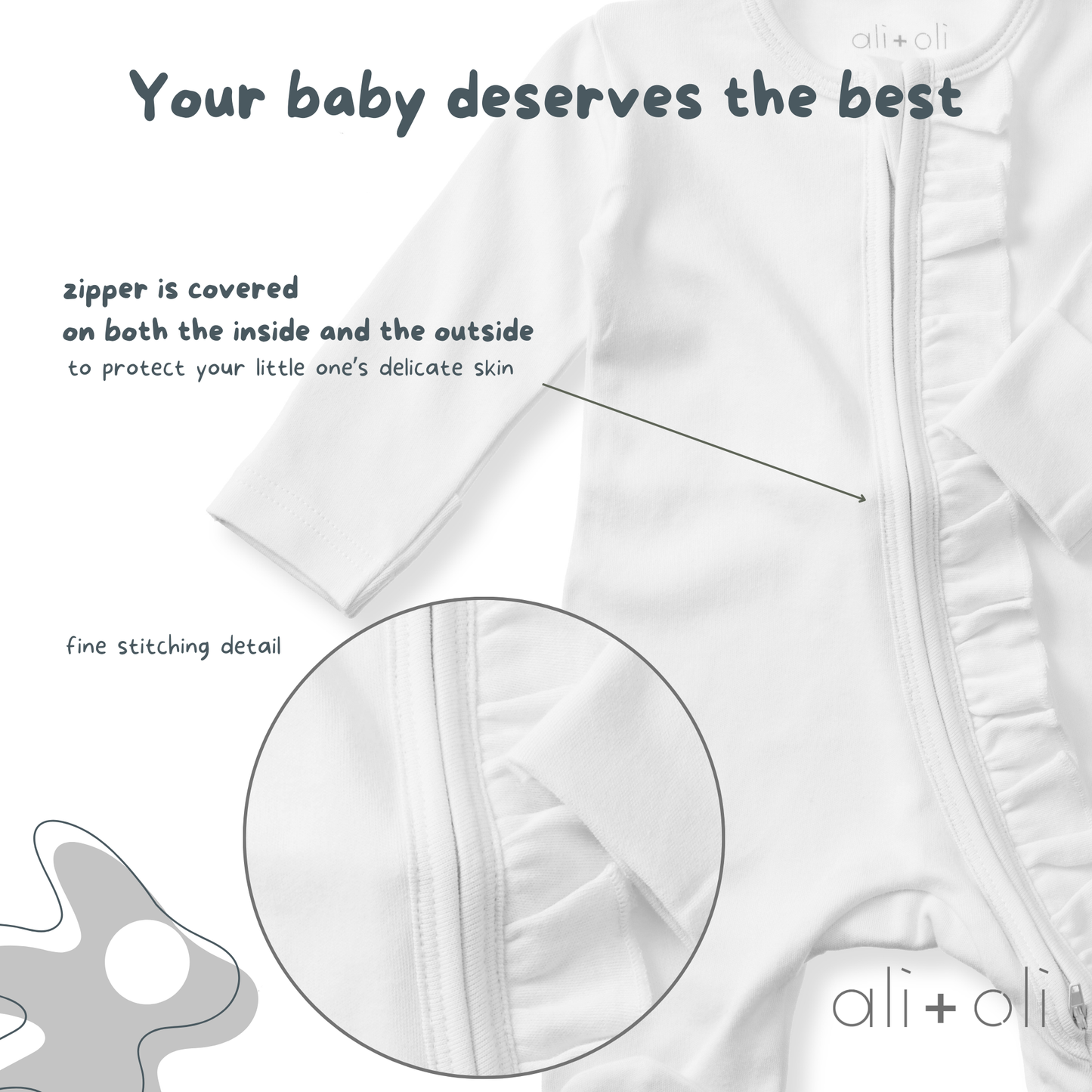 Organic Cotton Baby Ruffle Footie with 2-way Zipper (White)