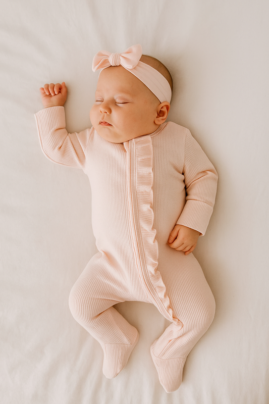 Organic Cotton Baby Ruffle Footie Waffle 2-way Zipper (Blush)