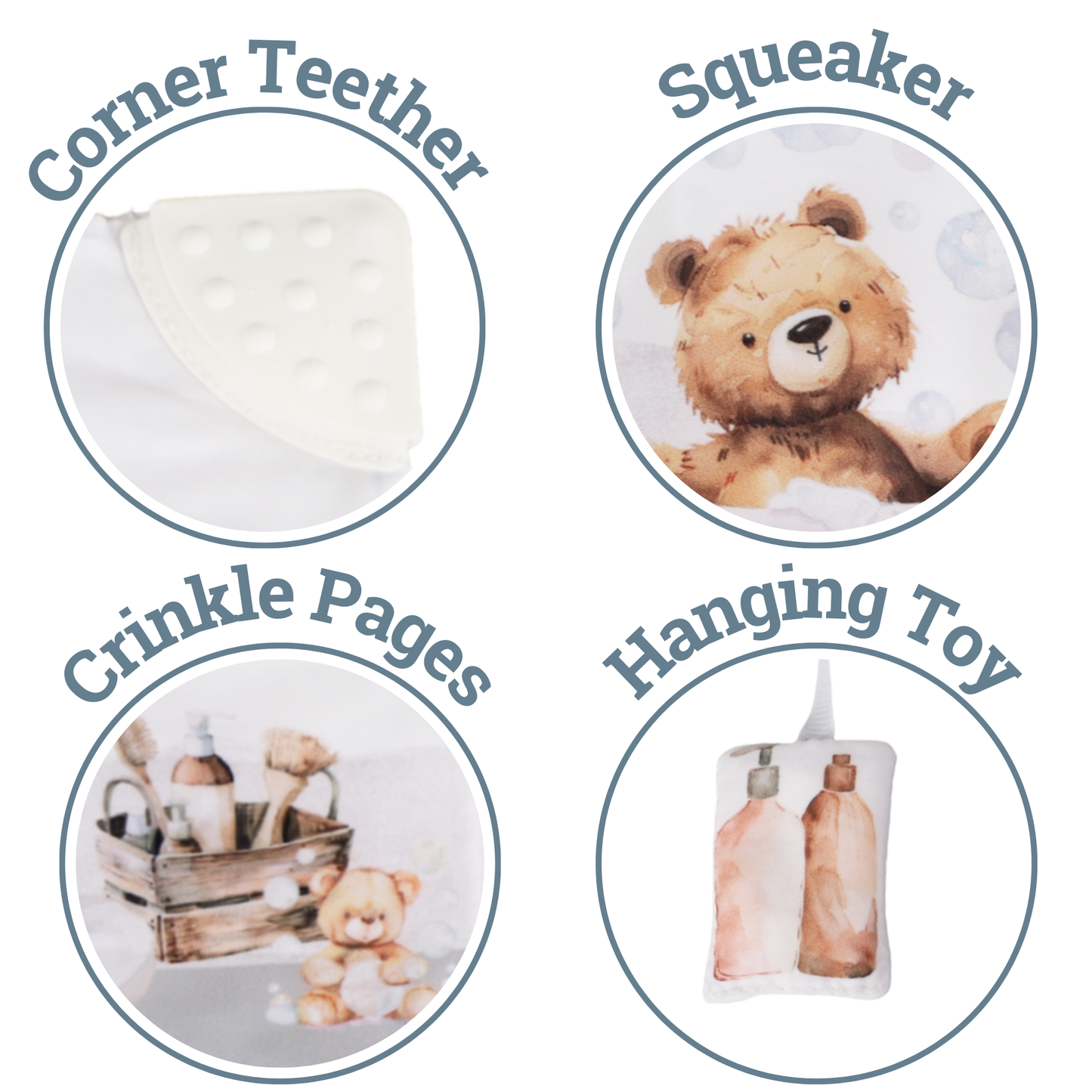 Baby product features including corner teether, squeaker, crinkle pages, and hanging toy on a white background.