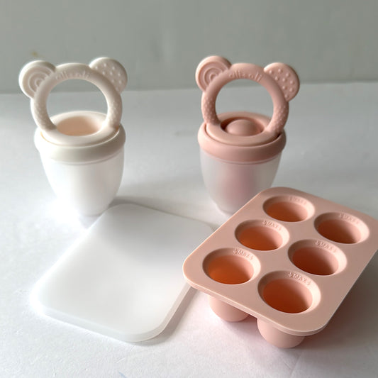 Food & Fruit Feeder Pacifier 3pc Set for Baby (Pink & White) with Freezer Tray