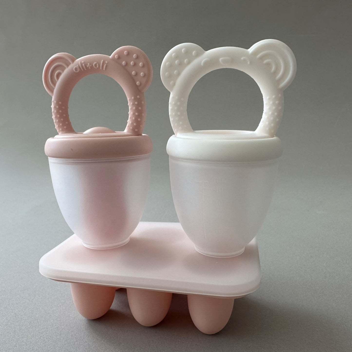 Food & Fruit Feeder Pacifier 3pc Set for Baby (Pink & White) with Freezer Tray