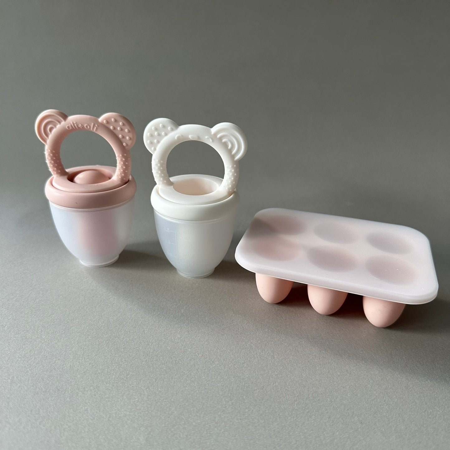 Food & Fruit Feeder Pacifier 3pc Set for Baby (Pink & White) with Freezer Tray