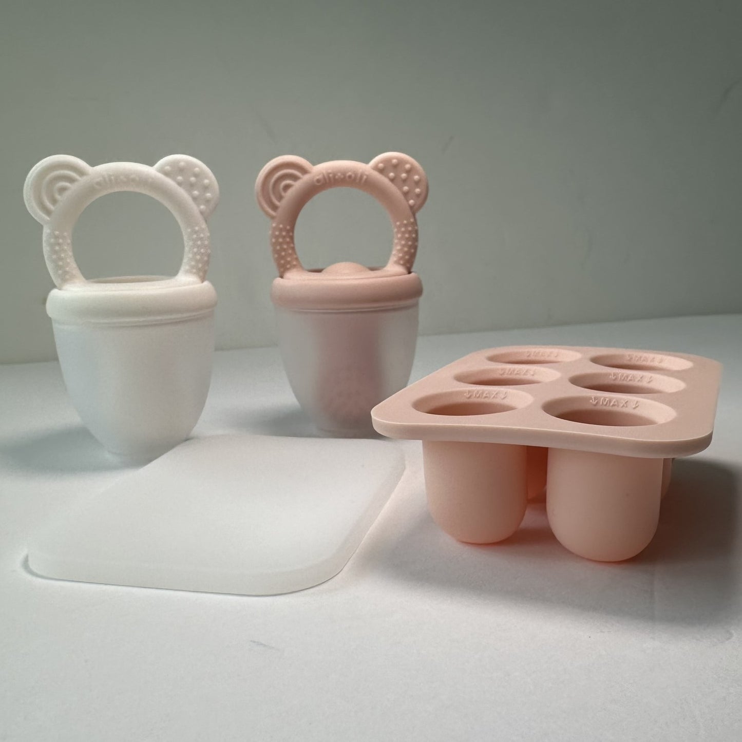 Food & Fruit Feeder Pacifier 3pc Set for Baby (Pink & White) with Freezer Tray