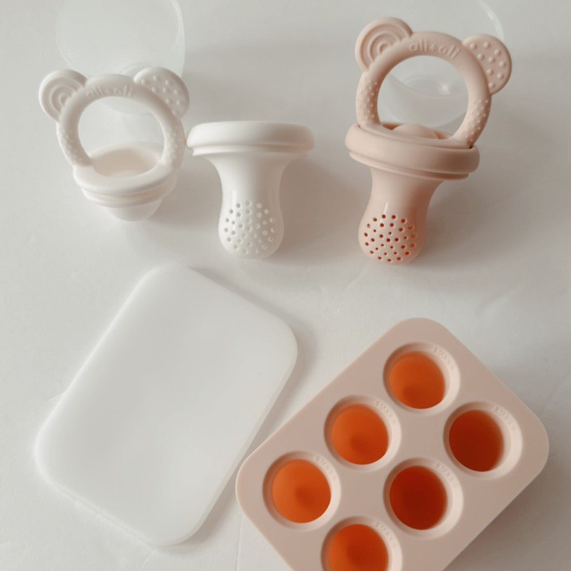 Food & Fruit Feeder Pacifier 3pc Set for Baby (Pink & White) with Freezer Tray