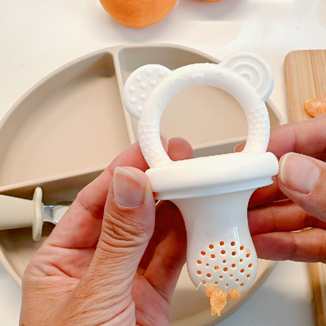 Food & Fruit Feeder Pacifier 3pc Set for Baby (Pink & White) with Freezer Tray
