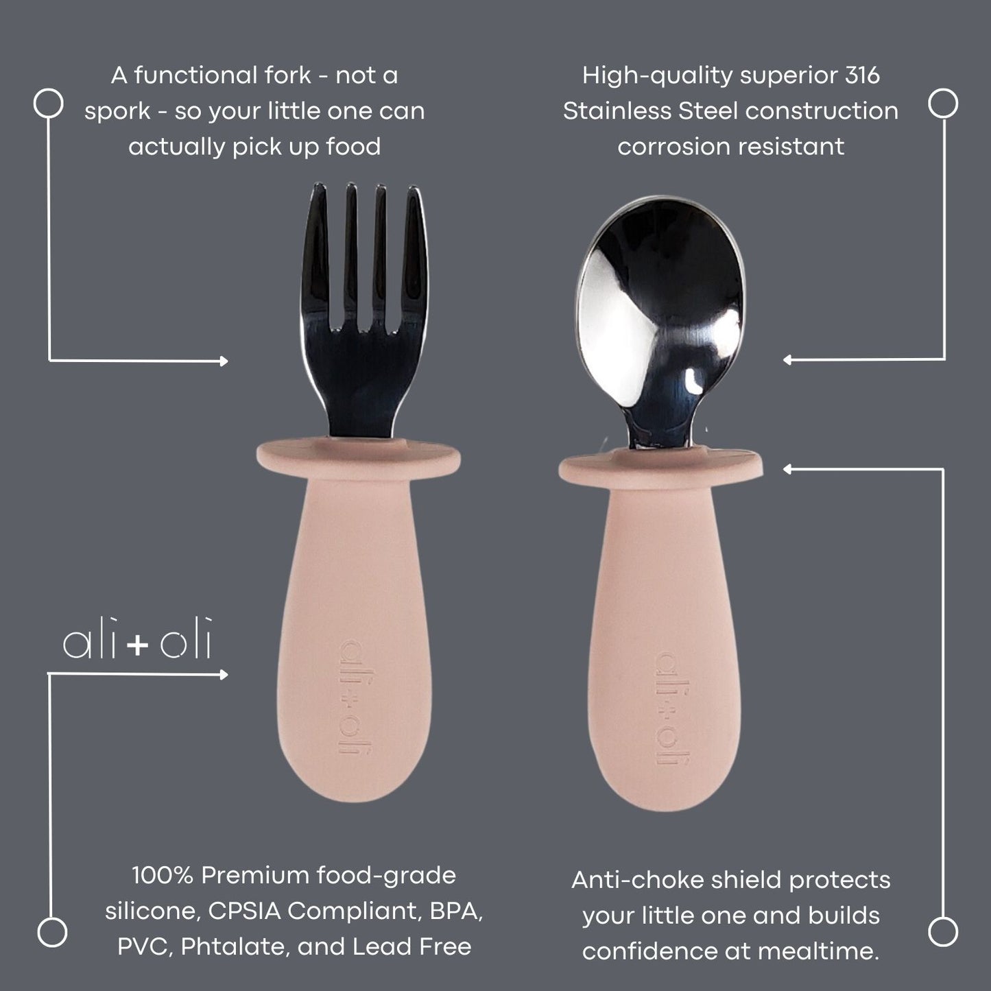 Ali+Oli Spoon & Fork Learning Set for Toddlers (Powder Pink) 6m+