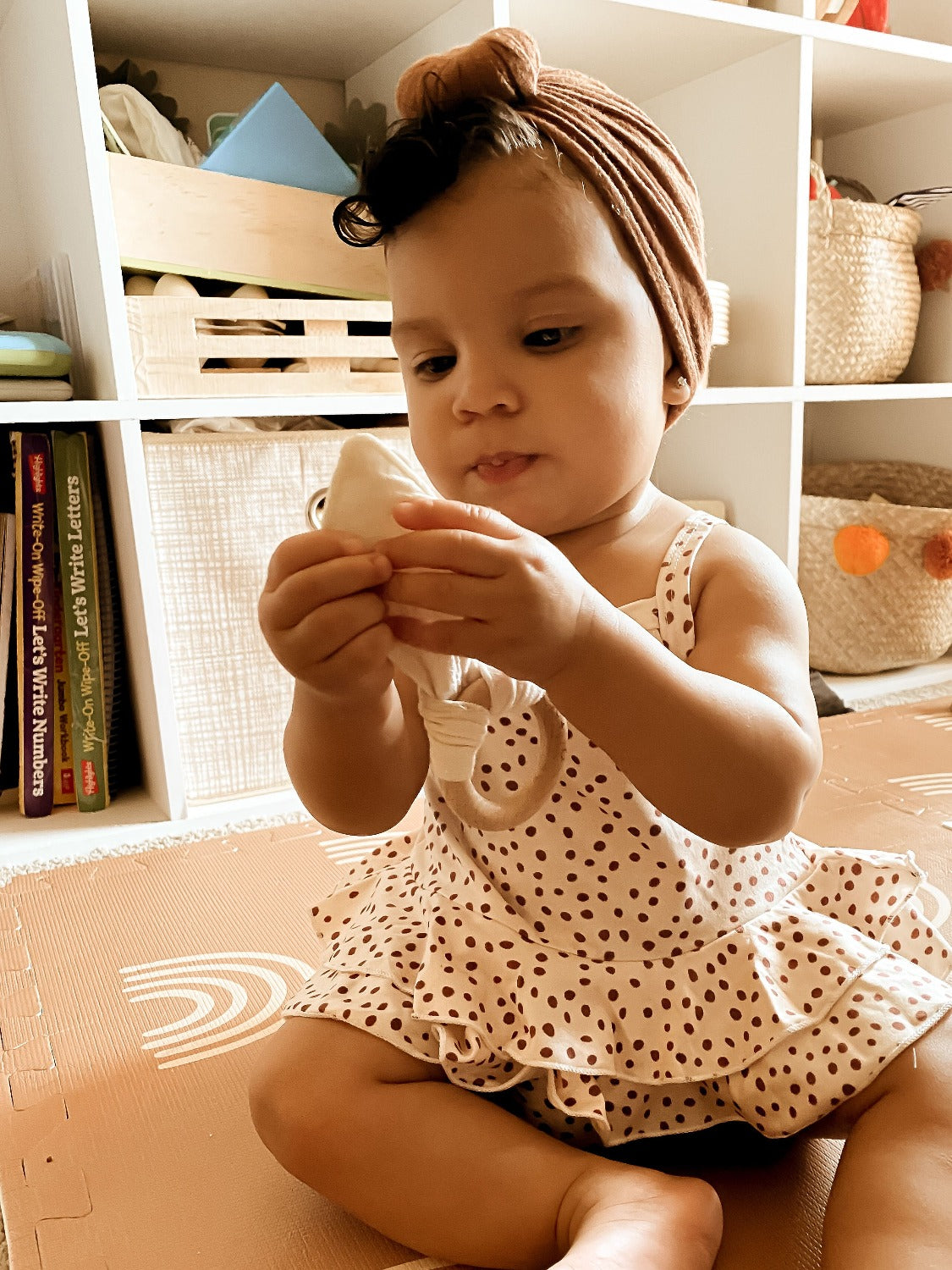 Crinkle Bunny Ears Wooden Ring Teething Toy for Baby (Beige)