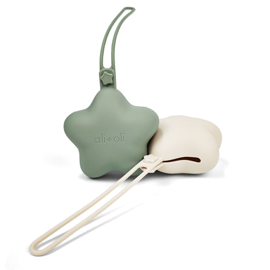 Ali+Oli Silicone Star Pacifier Holder Case 2 Pack (Sage & Sand)