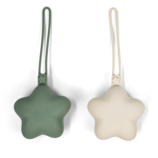 Ali+Oli Silicone Star Pacifier Holder Case 2 Pack (Sage & Sand)