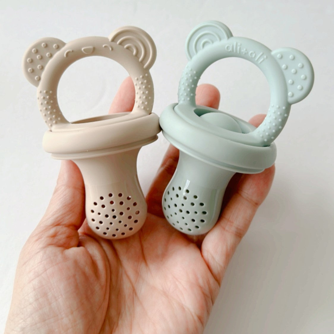 Food & Fruit Feeder Bear Pacifier Set for Baby (Taupe & Mist) with Freezer Tray