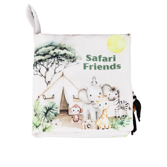 Book with 'Safari Friends' text and illustrations of animals and a tent.