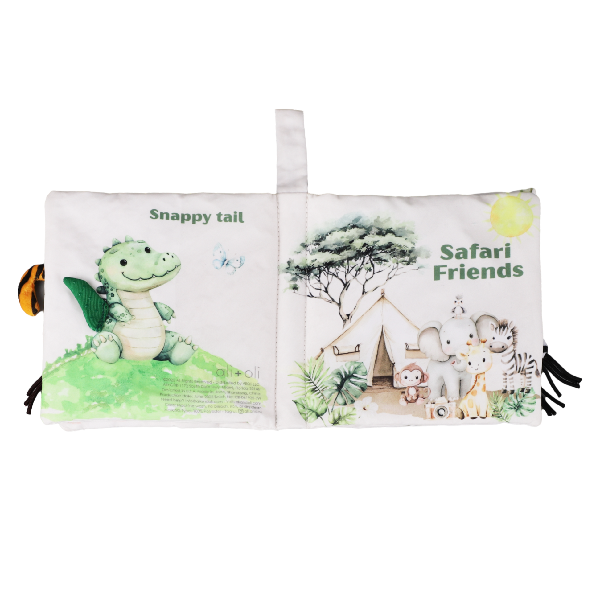 Two fabric bags with illustrations of a dinosaur and safari animals on a white background