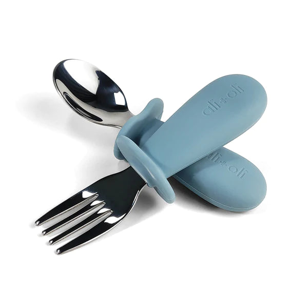 Spoon & Fork learning set for toddlers, 6 month +, powder blue, stainless steel