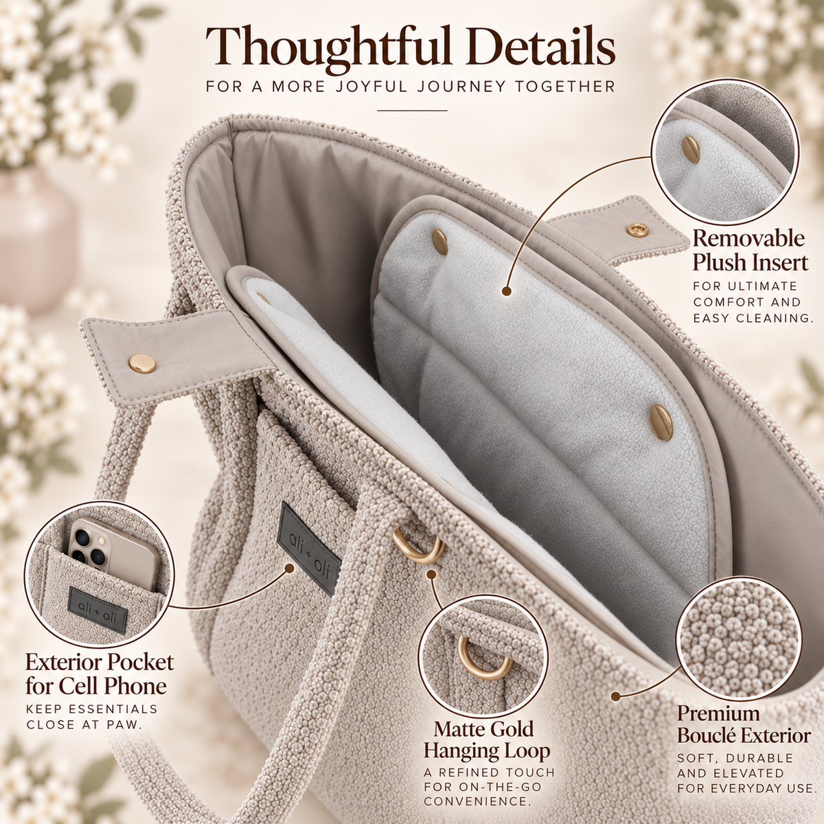 Ali+Oli Pets Bouclé Tote Dog Carrier with Removable Settle Mat – Latte