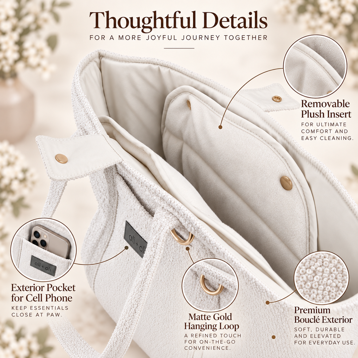 Ali+Oli Pets Bouclé Tote Dog Carrier with Removable Settle Mat – Vanilla