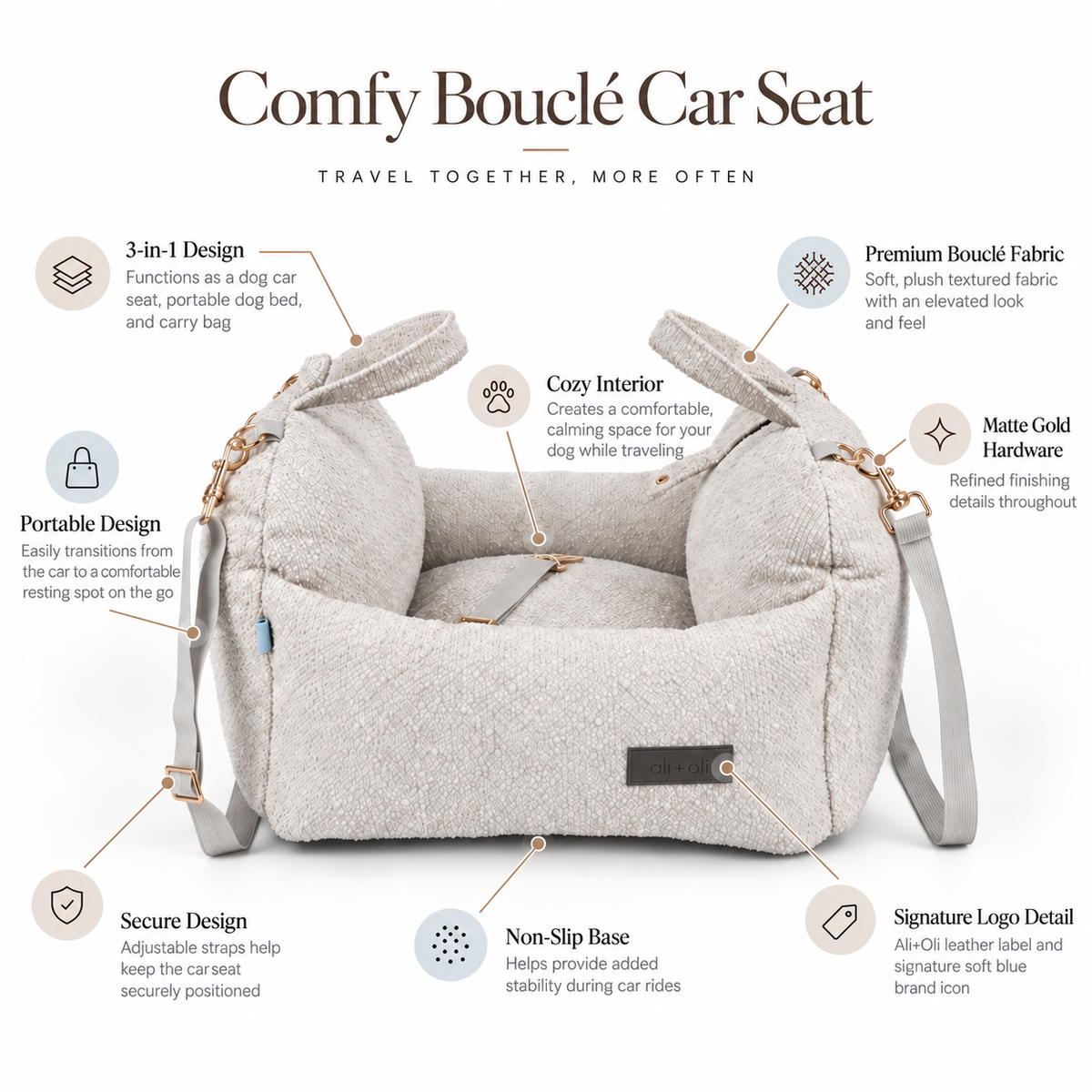 Ali+Oli Pets Comfy Bouclé Dog Car Seat & Travel Bed – Vanilla