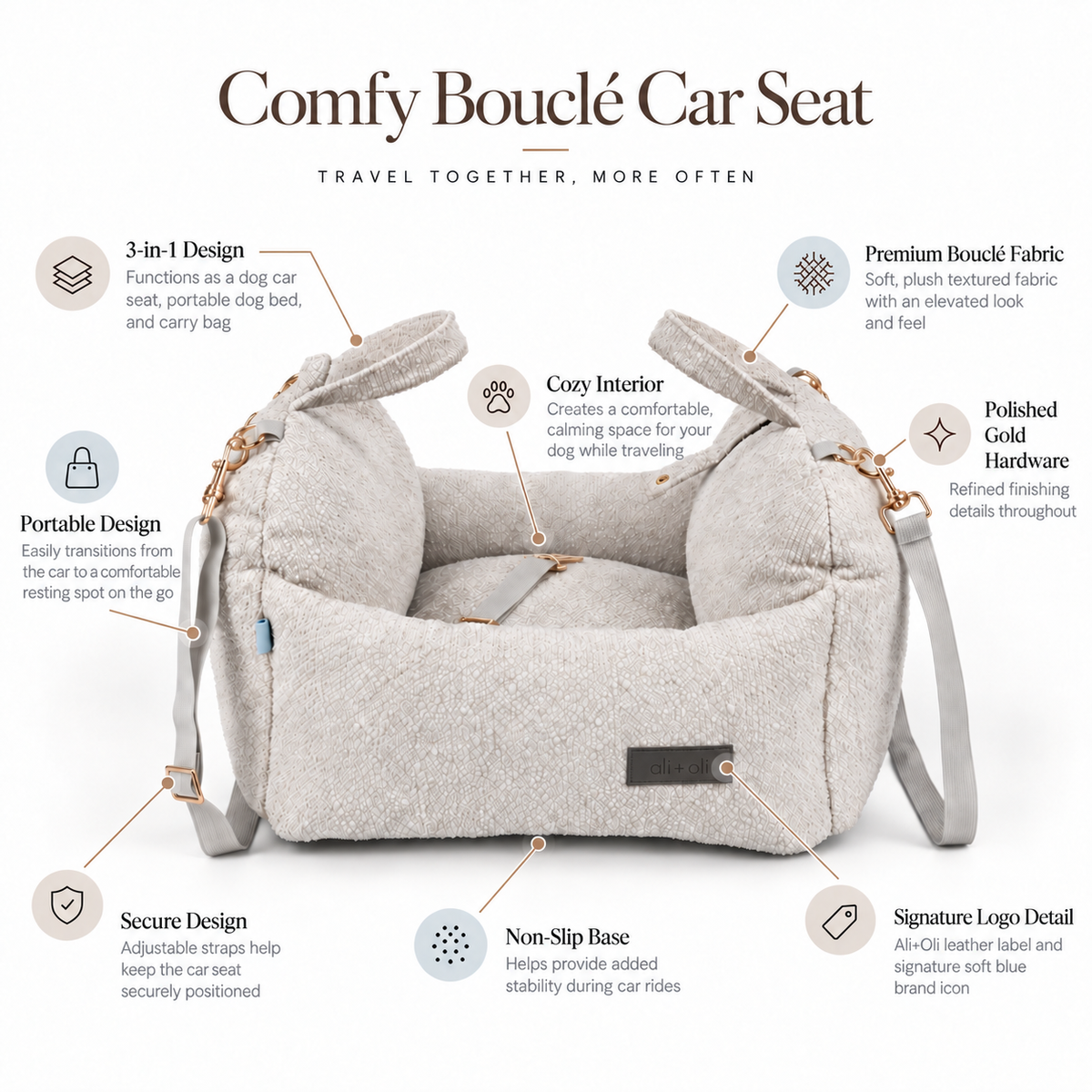 Ali+Oli Pets Comfy Bouclé Dog Car Seat & Travel Bed – Vanilla