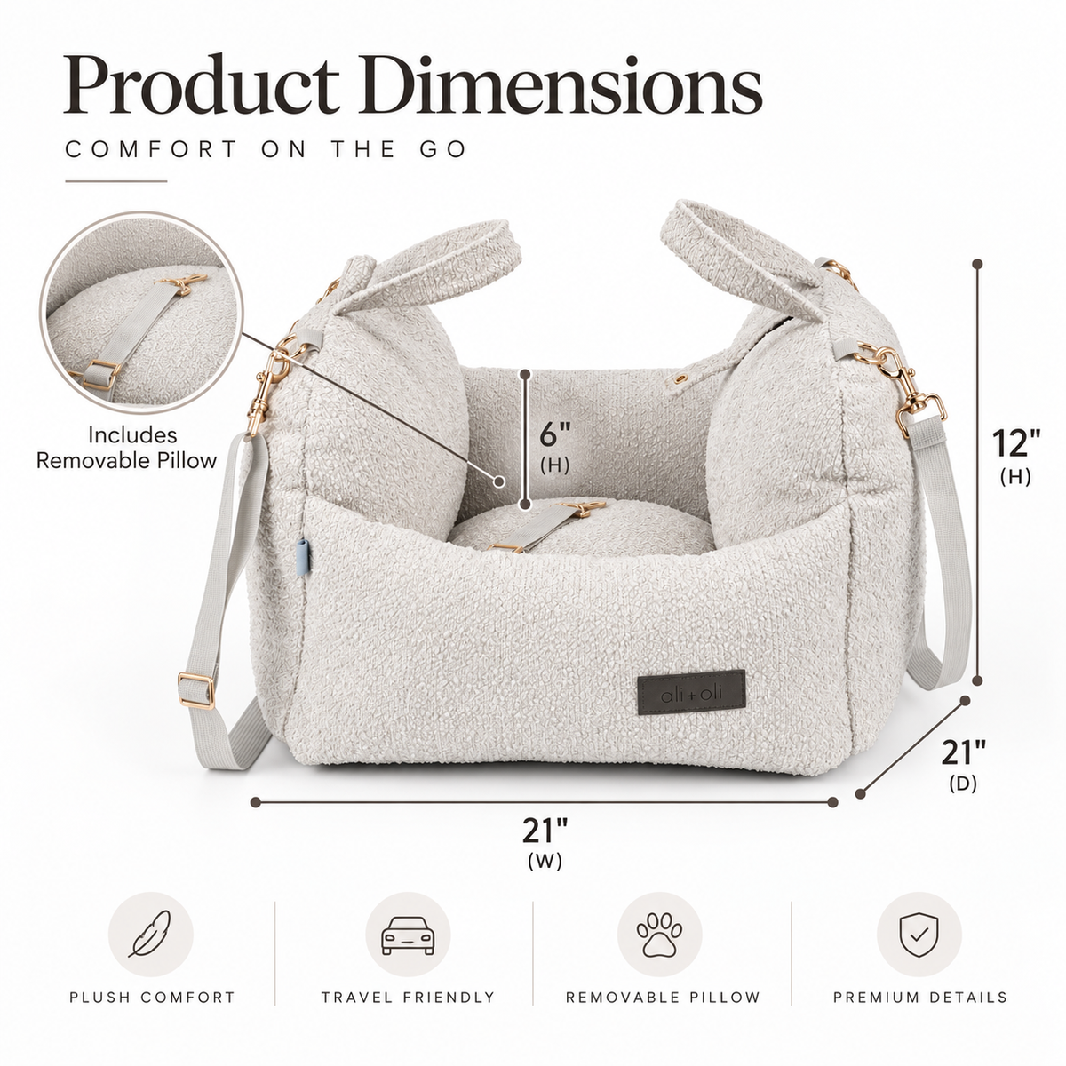 Ali+Oli Pets Comfy Bouclé Dog Car Seat & Travel Bed – Vanilla