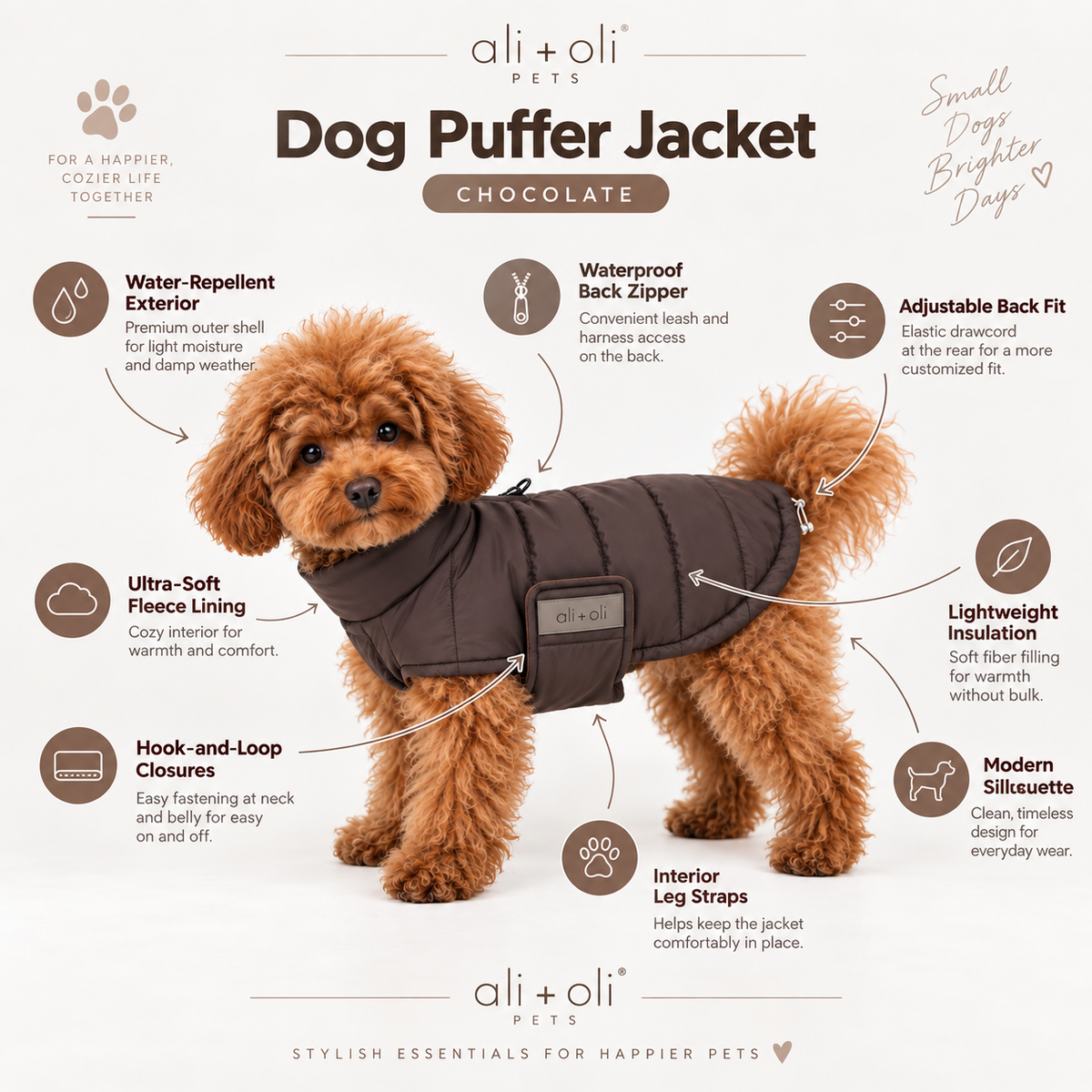 Ali+Oli Pets Insulated Dog Puffer Jacket with Fleece Lining – Chocolate