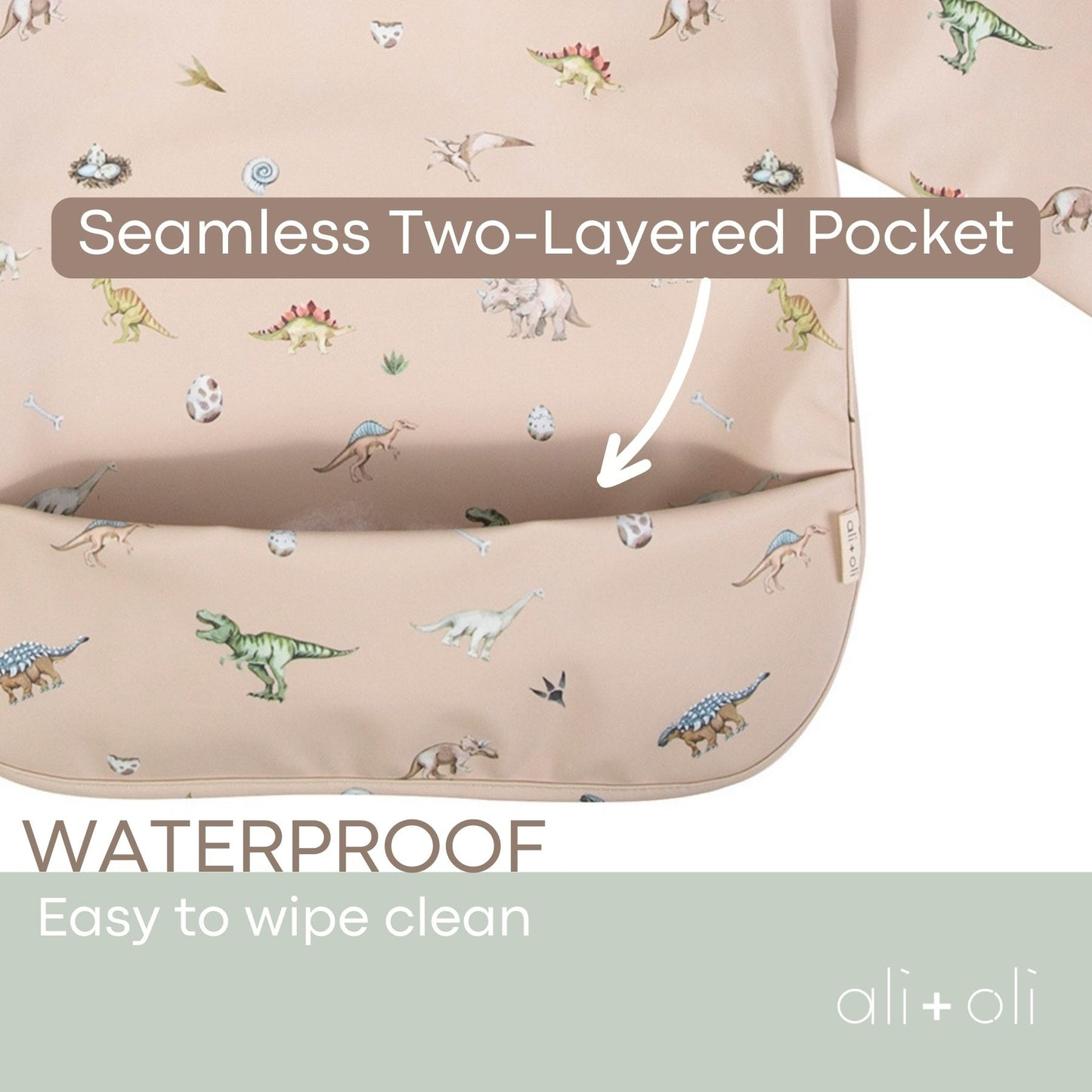 Ali+Oli Smock Bib for Baby & Toddler (2-pc) Long & Short Sleeve Set (Dino, Mint)