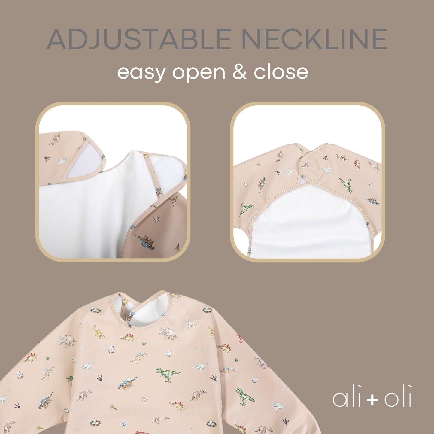 Ali+Oli Smock Bib for Baby & Toddler (2-pc) Long & Short Sleeve Set (Dino, Mint)