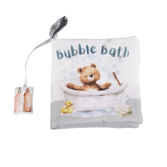 Children's book titled 'Bubble Bath' with a teddy bear illustration on a white background