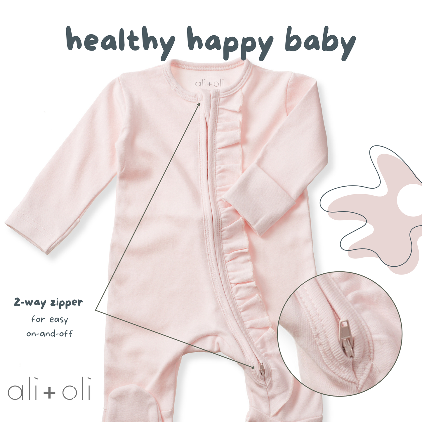Organic Cotton Baby Ruffle Footie with 2-way Zipper (Blush)