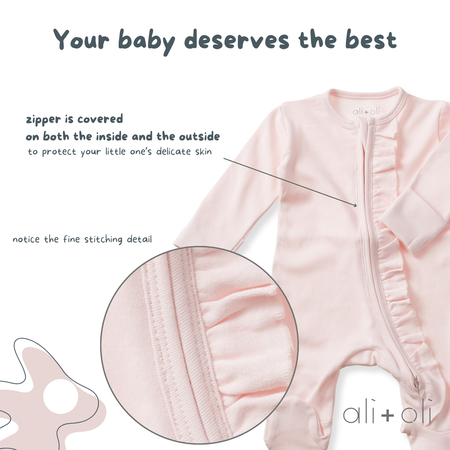 Organic Cotton Baby Ruffle Footie with 2-way Zipper (Blush)