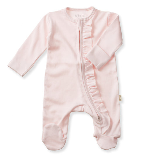 Organic Cotton Baby Ruffle Footie with 2-way Zipper (Blush)