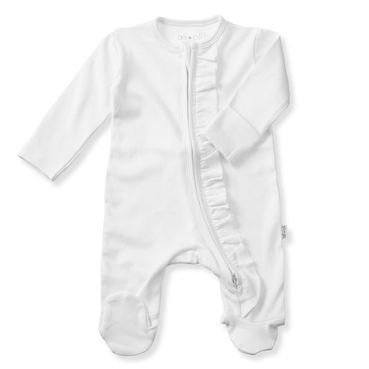 Organic Cotton Baby Ruffle Footie with 2-way Zipper (White)