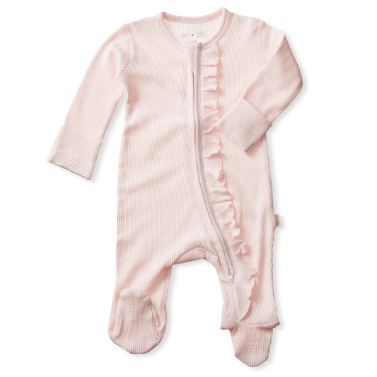 Organic Cotton Baby Ruffle Footie Waffle 2-way Zipper (Blush)