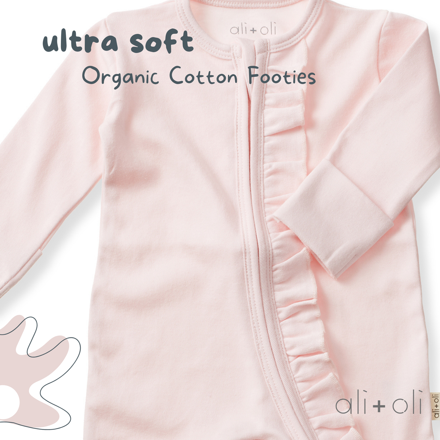 Organic Cotton Baby Ruffle Footie with 2-way Zipper (Blush)