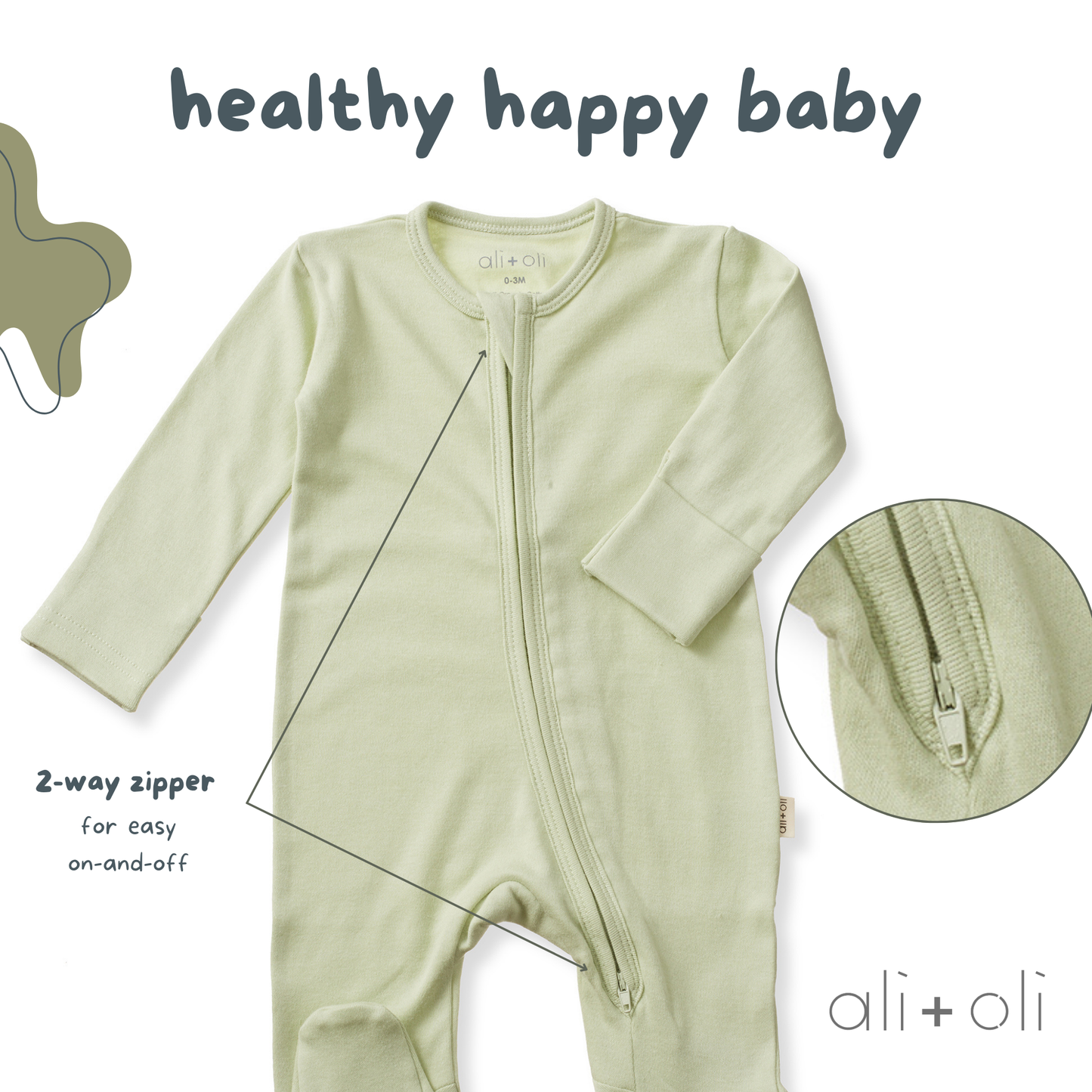 Organic Cotton Baby Footie with 2-way Zipper (Sage)