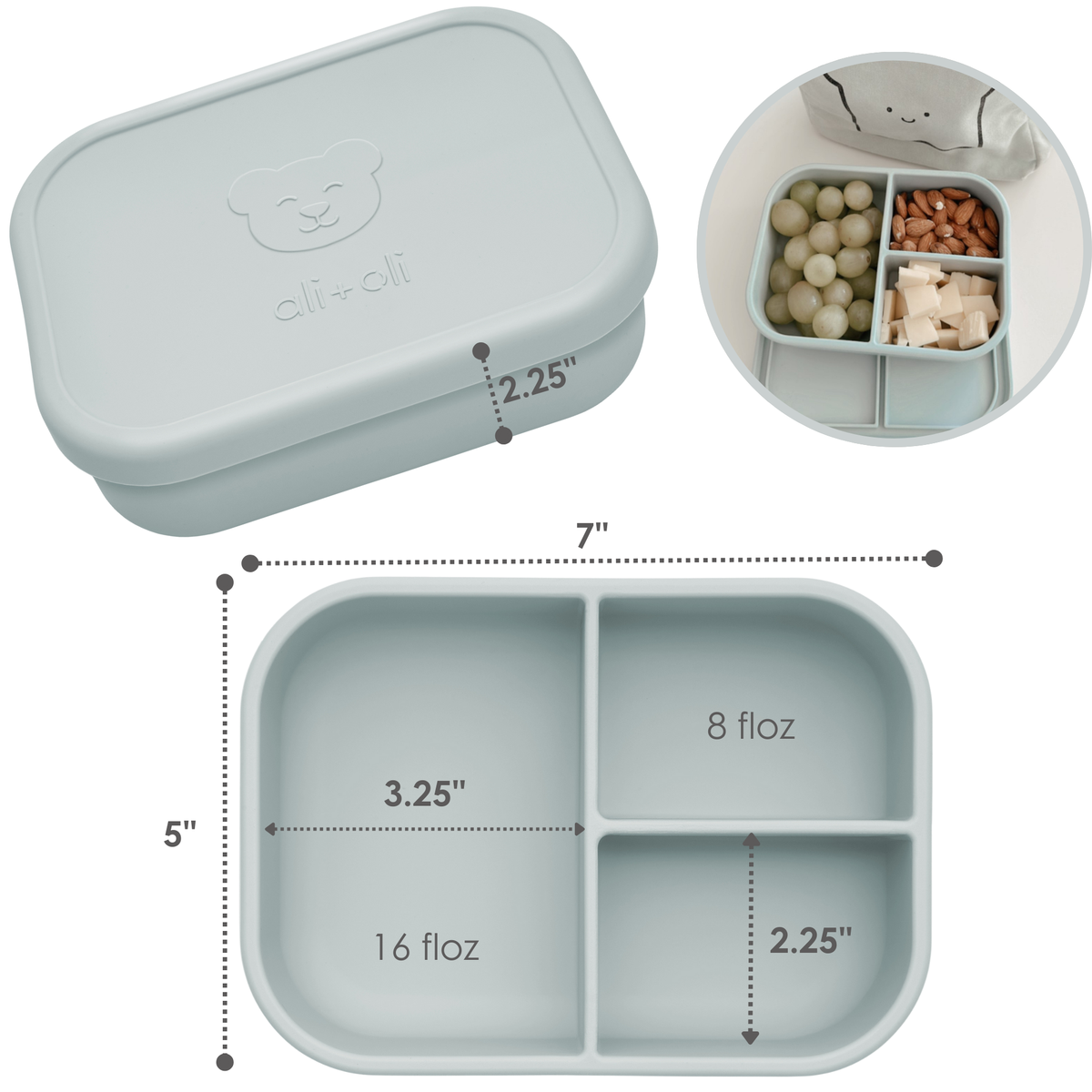 Ali+Oli Reusable Silicone Bento Box - 3 Compartments - Spill-Proof (Bl