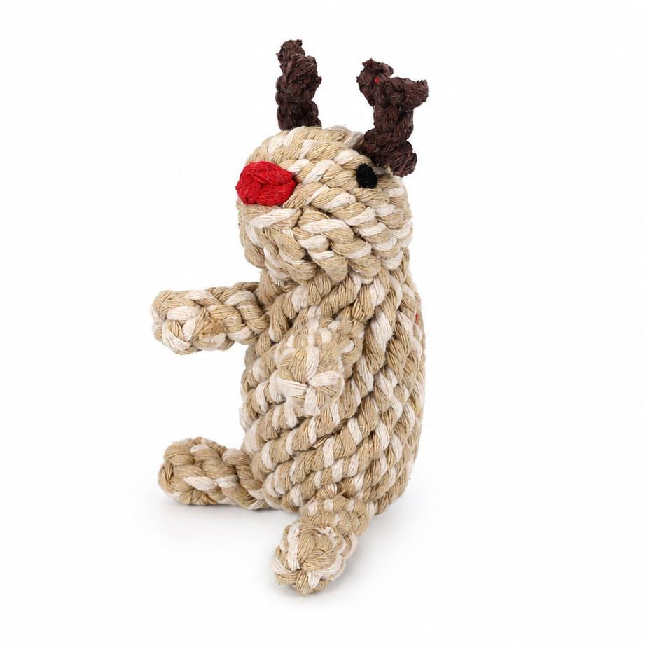 A rope-knit plush reindeer toy with dark brown antlers, a red nose, and black eyes, photographed on a clean white background.