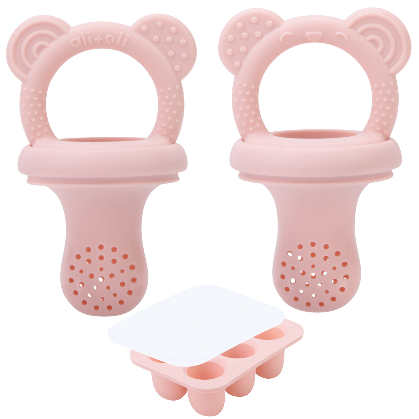 Food & Fruit Feeder Pacifier 3pc Set for Baby (Pink & Pink) with Freezer Tray