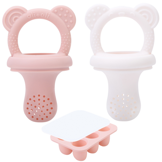 Food & Fruit Feeder Pacifier 3pc Set for Baby (Pink & White) with Freezer Tray