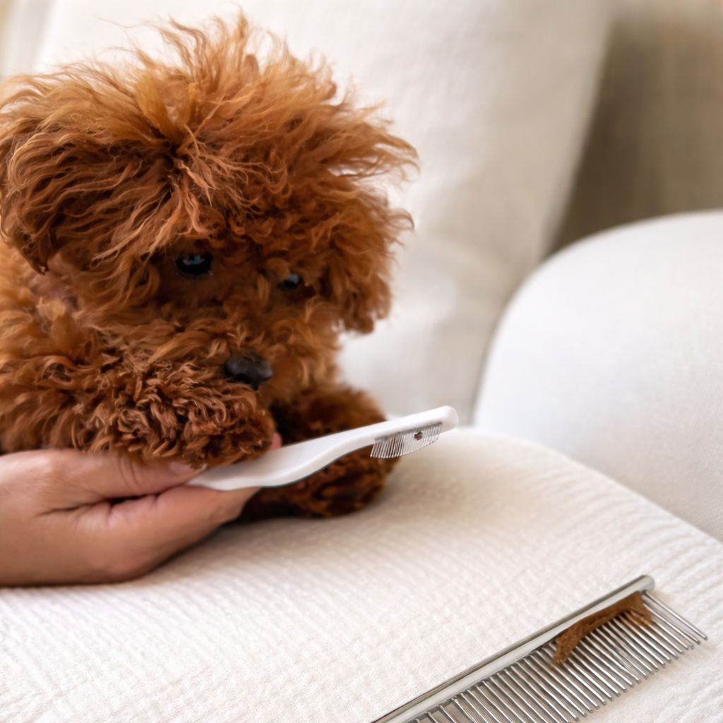 Small brown dog sitting on a white surface with a metal comb next to it.